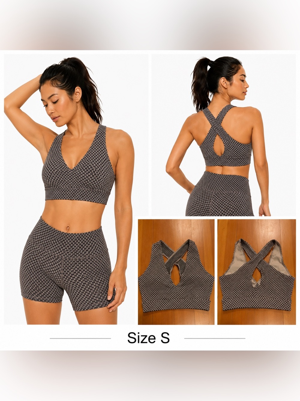 NWOT V-Neck Cross-Back Sports Bra in Charcoal Honeycomb Size S